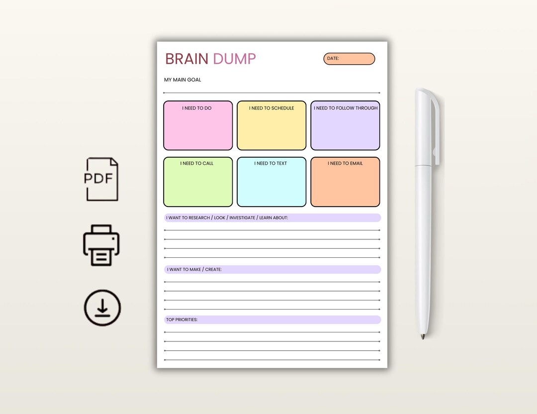 ADHD Brain Dump Worksheet | Daily Planner PDF, Task Tracker (digital ...