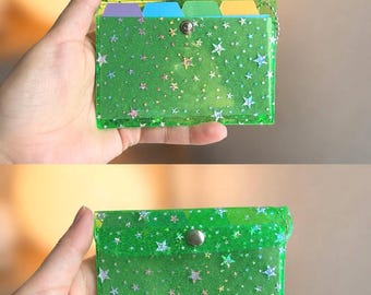 Holographic Star Snap Pouch | Clear Card Holder Wallet | Green Star Pouch with Dividers | Transparent Mini Envelope Wallet