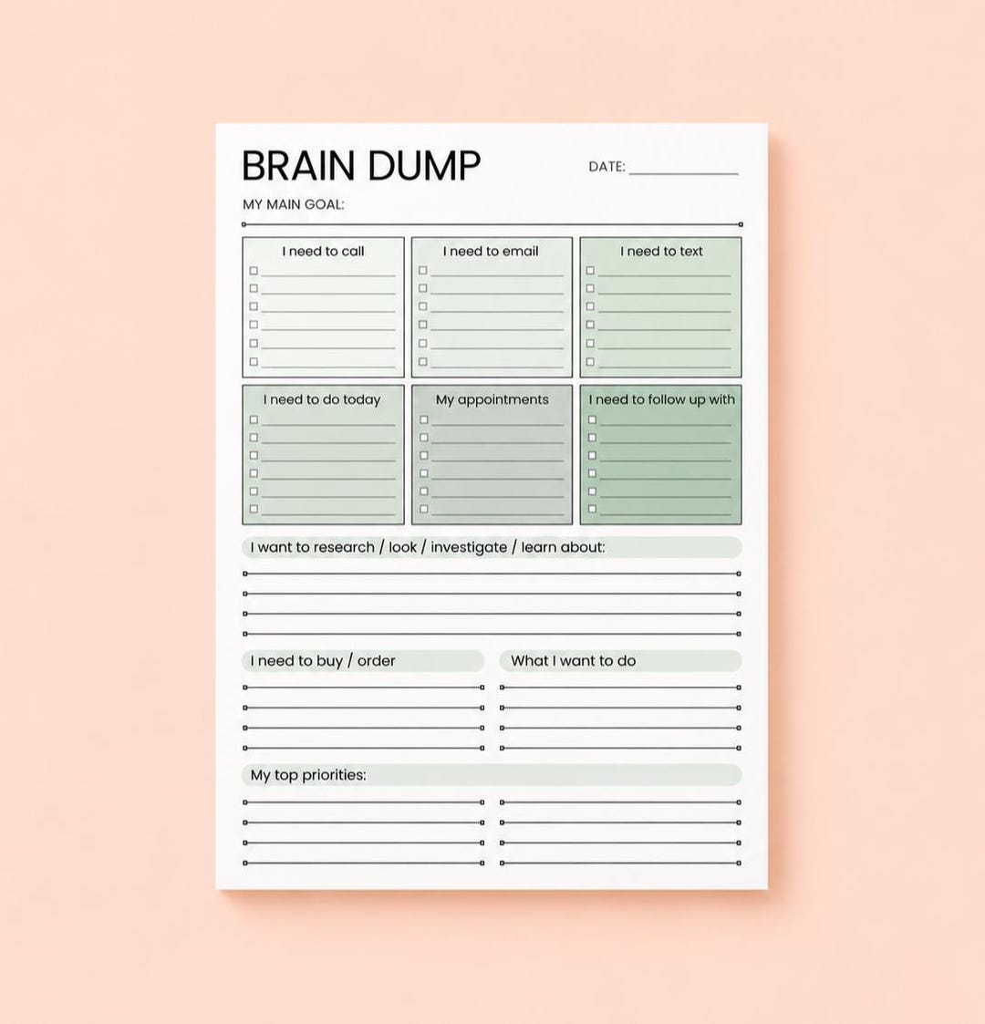 ADHD Brain Dump Notepad A5 – Sage Green Daily to Do List Planner, 50 ...
