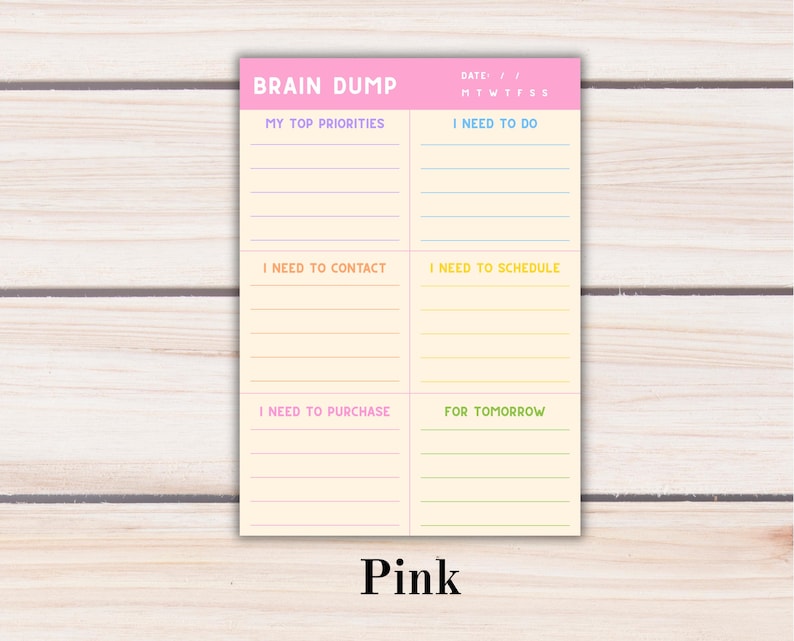 Brain Dump Notepad | ADHD Planner Pad | Mental Load Organizer | Thought Organizer | A5 Tear-Off Notepad | Pink