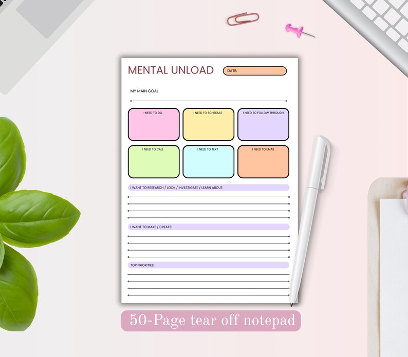 K&ouml;nnte beinhalten: Ein wei&szlig;es Papier-Planerblatt mit der &Uuml;berschrift MENTAL UNLOAD, einem Datumsfeld, einer Hauptzielzeile und sechs farbigen rechteckigen Feldern mit der Beschriftung I NEED TO GO, SCHEDULE, FOLLOW THROUGH, CALL, TEXT und EMAIL sowie linierten Bereichen.