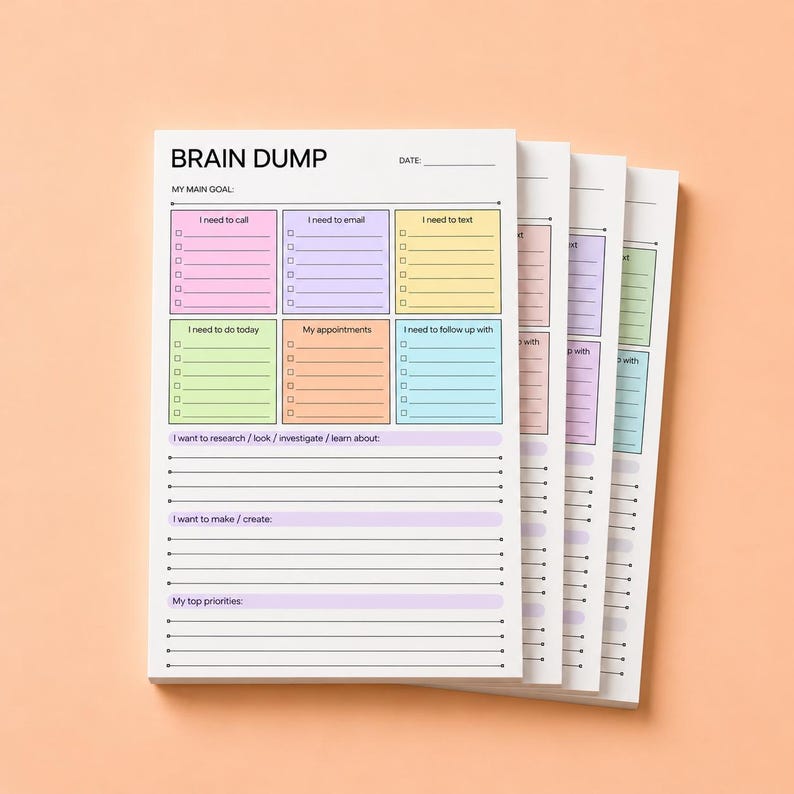 May include: A stack of white paper planners titled BRAIN DUMP with a date line. Each sheet features six colored boxes for tasks labeled I need to call, email, text, do today, my appointments, and follow up with, plus lined sections.