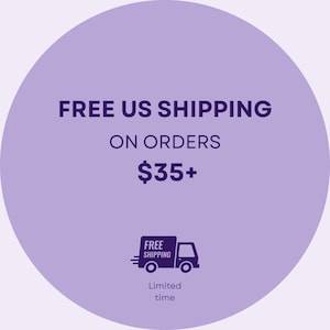 Free US shipping badge graphic with purple circle and delivery truck icon, promotion for orders over $35, small business stationery shop shipping offer.