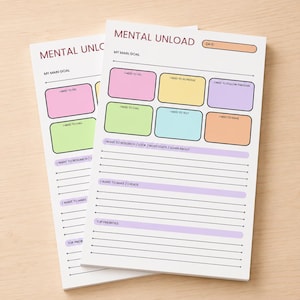 K&ouml;nnte beinhalten: Zwei wei&szlig;e Papierb&ouml;gen mit der &Uuml;berschrift MENTAL UNLOAD und einem Datumsfeld. Die Abschnitte umfassen MY MAIN GOAL, farbige K&auml;stchen f&uuml;r I NEED TO DO, SCHEDULE, FOLLOW THROUGH, CALL, TEXT, EMAIL sowie linierte Bereiche f&uuml;r RESEARCH, MAKE und TOP PRIORITIES.
