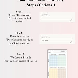 Personalization instructions for custom notepad on Etsy showing how to add a name in three steps, choose personalized option, type name in personalization box, and receive a custom printed planner pad with name at the top, simple guide for ordering a personalized stationery notepad.