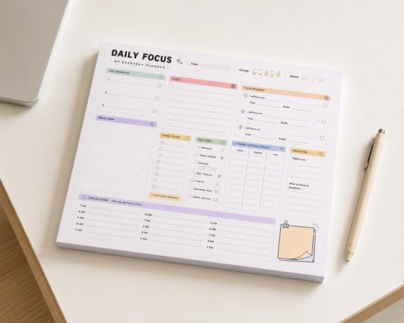 Daily Focus Planner Pad | ADHD Planner | Time Blocking Desk Pad | Executive Function Notepad | US Letter 11 x 8.5