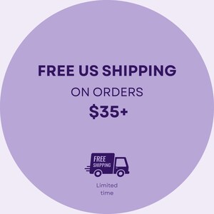 Free US shipping badge graphic with purple circle and delivery truck icon, promotion for orders over $35, small business stationery shop shipping offer.