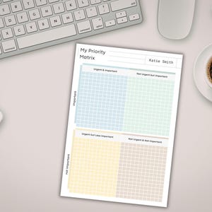 May include: A white paper sheet titled My Priority Matrix with the name Katie Smith printed at the top. The document features a four-quadrant grid divided into blue, green, yellow, and beige sections labeled Urgent & Important, Not Urgent but Important, Urgent but Less Important, and Not Urgent & Not Important.
