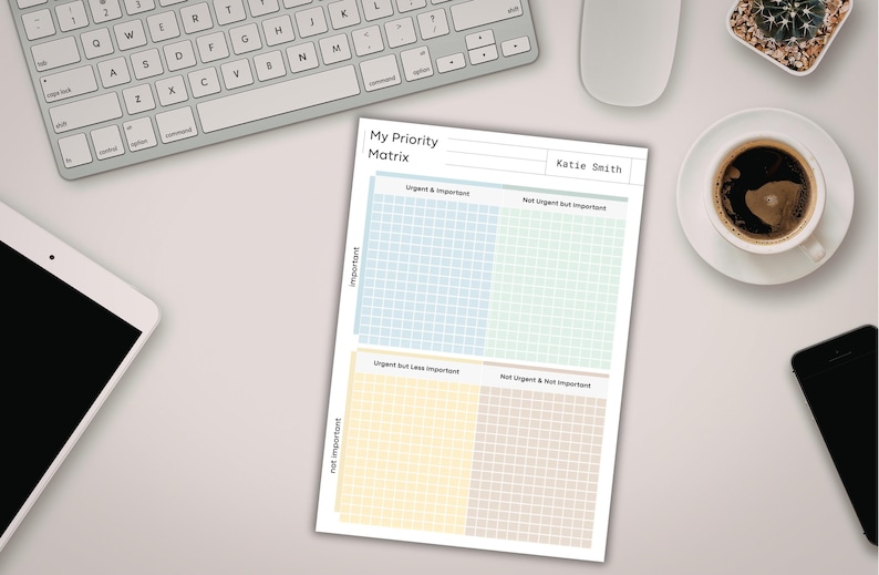 May include: A white paper sheet titled My Priority Matrix with the name Katie Smith printed at the top. The document features a four-quadrant grid divided into blue, green, yellow, and beige sections labeled Urgent & Important, Not Urgent but Important, Urgent but Less Important, and Not Urgent & Not Important.