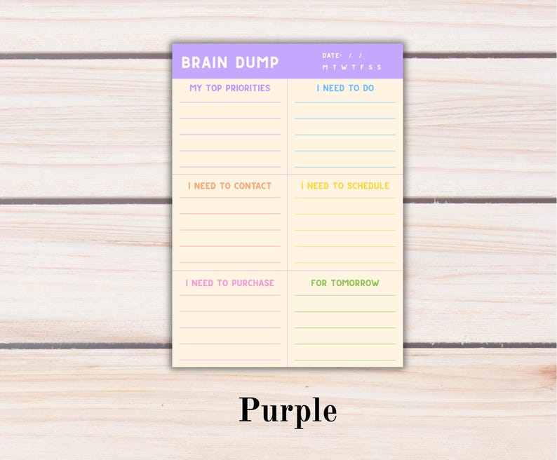 Brain Dump Notepad | ADHD Planner Pad | Mental Load Organizer | Thought Organizer | A5 Tear-Off Notepad | Purple