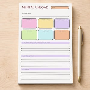 K&ouml;nnte beinhalten: Ein rechteckiger Notizblock mit der &Uuml;berschrift MENTAL UNLOAD, einem Datumsfeld, einem Bereich f&uuml;r das Hauptziel und sechs farbigen Feldern mit den Beschriftungen I NEED TO DO, I NEED TO SCHEDULE, I NEED TO FOLLOW THROUGH, I NEED TO CALL, I NEED TO TEXT und I NEED TO EMAIL.