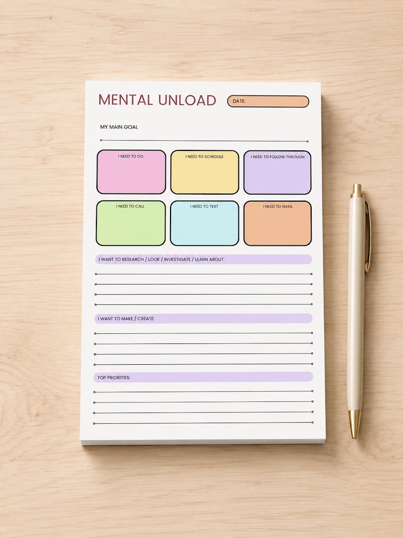 K&ouml;nnte beinhalten: Ein rechteckiger Notizblock mit der &Uuml;berschrift MENTAL UNLOAD, einem Datumsfeld, einem Bereich f&uuml;r das Hauptziel und sechs farbigen Feldern mit den Beschriftungen I NEED TO DO, I NEED TO SCHEDULE, I NEED TO FOLLOW THROUGH, I NEED TO CALL, I NEED TO TEXT und I NEED TO EMAIL.