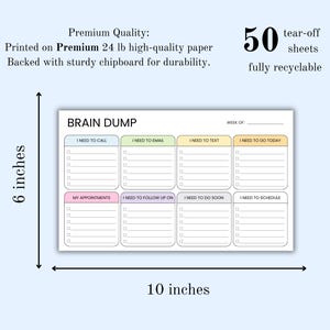 K&ouml;nnte beinhalten: Ein rechteckiger "Brain Dump" Notizblock, 25,4 cm breit und 15,2 cm hoch, mit Abrei&szlig;bl&auml;ttern. Er verf&uuml;gt &uuml;ber Abschnitte f&uuml;r Aufgaben wie Anrufe, E-Mails und Termine. Der Notizblock ist auf hochwertigem Papier gedruckt.