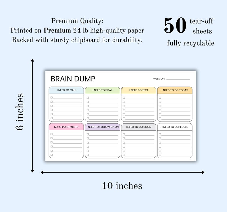 K&ouml;nnte beinhalten: Ein rechteckiger "Brain Dump" Notizblock, 25,4 cm breit und 15,2 cm hoch, mit Abrei&szlig;bl&auml;ttern. Er verf&uuml;gt &uuml;ber Abschnitte f&uuml;r Aufgaben wie Anrufe, E-Mails und Termine. Der Notizblock ist auf hochwertigem Papier gedruckt.