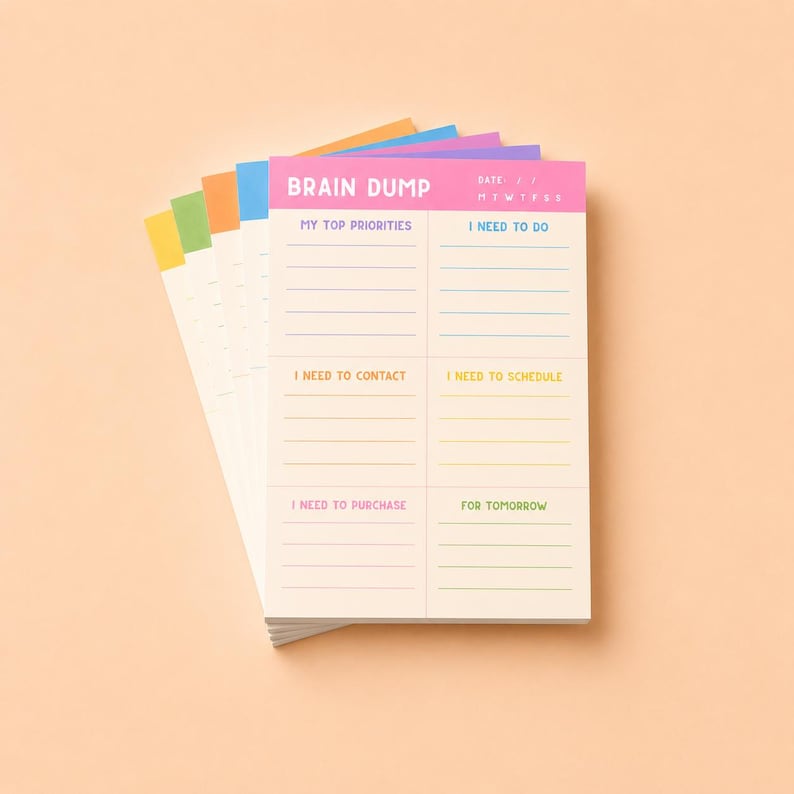 May include: A stack of rectangular paper notepads with a pink header labeled BRAIN DUMP and sections for My Top Priorities, I Need To Do, I Need To Contact, I Need To Schedule, I Need To Purchase, and For Tomorrow, with colorful edges in yellow, green, orange, and blue.