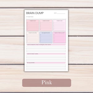 May include: A white paper planner page titled BRAIN DUMP with a date line and main goal section. It features six rectangular boxes in pink and light blue for tasks, plus lined sections for research, creation, and top priorities.