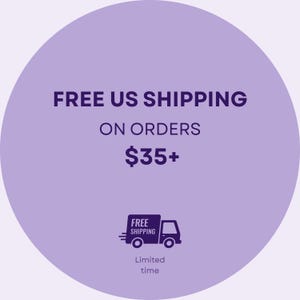 Free US shipping badge graphic with purple circle and delivery truck icon, promotion for orders over $35, small business stationery shop shipping offer.