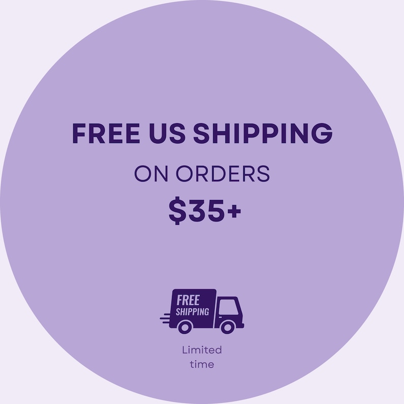 Free US shipping badge graphic with purple circle and delivery truck icon, promotion for orders over $35, small business stationery shop shipping offer.