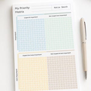 May include: A white paper notepad titled My Priority Matrix with a grid layout divided into four colored sections: blue for Urgent & Important, green for Not Urgent but Important, yellow for Urgent but Less Important, and tan for Not Urgent & Not Important.