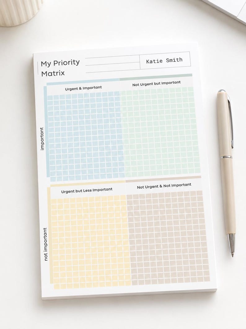 May include: A white paper notepad titled My Priority Matrix with a grid layout divided into four colored sections: blue for Urgent & Important, green for Not Urgent but Important, yellow for Urgent but Less Important, and tan for Not Urgent & Not Important.