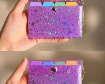 Holographic Star Snap Pouch | Clear Card Holder Wallet | Pink Star Pouch with Dividers | Transparent Mini Envelope Wallet