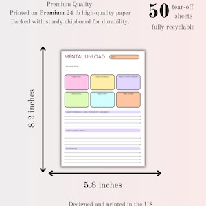 K&ouml;nnte beinhalten: Ein Mental Unload Planer-Block mit den Ma&szlig;en 20,8 cm mal 14,7 cm. Er enth&auml;lt 50 abrei&szlig;bare Bl&auml;tter auf 90 g/m&sup2; Papier mit einer stabilen Kartonr&uuml;ckseite. Das Layout bietet Bereiche f&uuml;r Ziele, Aufgaben und Priorit&auml;ten mit farbigen Feldern.