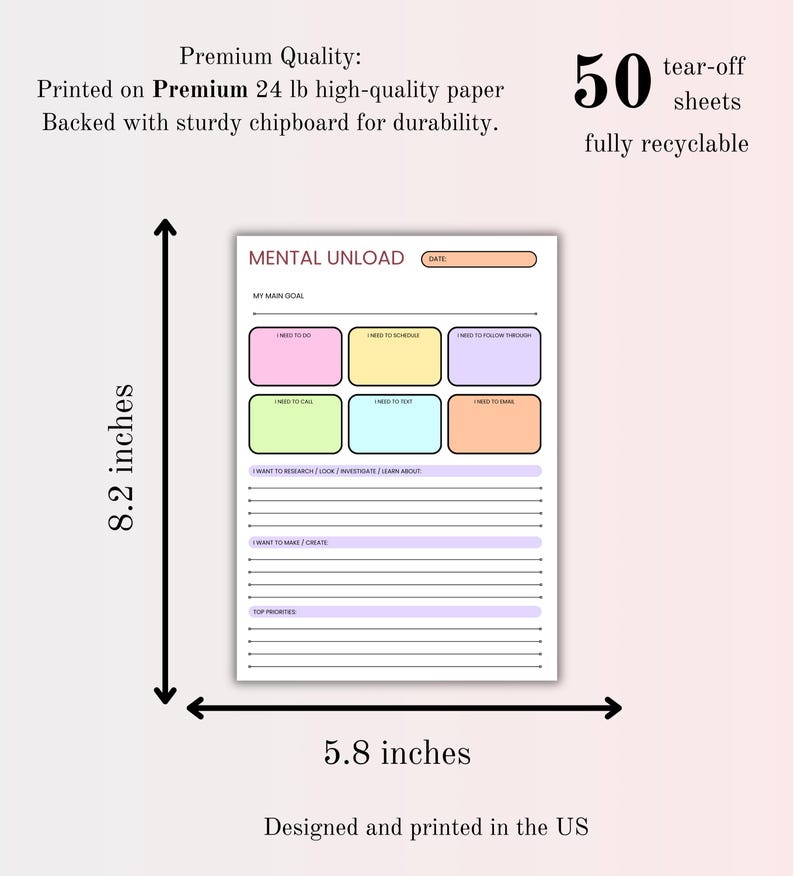 K&ouml;nnte beinhalten: Ein Mental Unload Planer-Block mit den Ma&szlig;en 20,8 cm mal 14,7 cm. Er enth&auml;lt 50 abrei&szlig;bare Bl&auml;tter auf 90 g/m&sup2; Papier mit einer stabilen Kartonr&uuml;ckseite. Das Layout bietet Bereiche f&uuml;r Ziele, Aufgaben und Priorit&auml;ten mit farbigen Feldern.