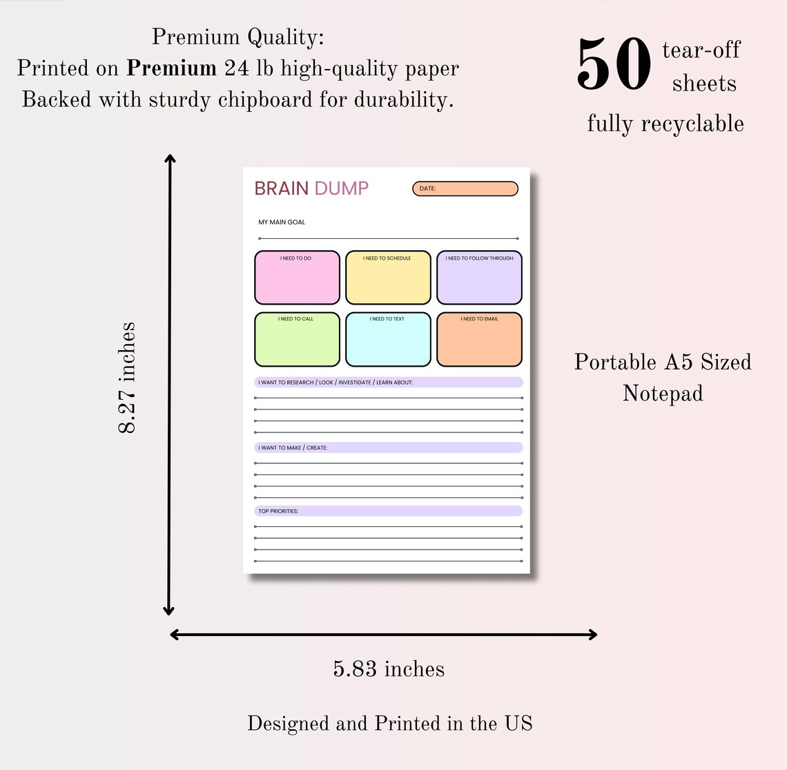 ADHD Brain Dump Notepad A5 – Daily To-do List, 50-page Tear-off - Etsy