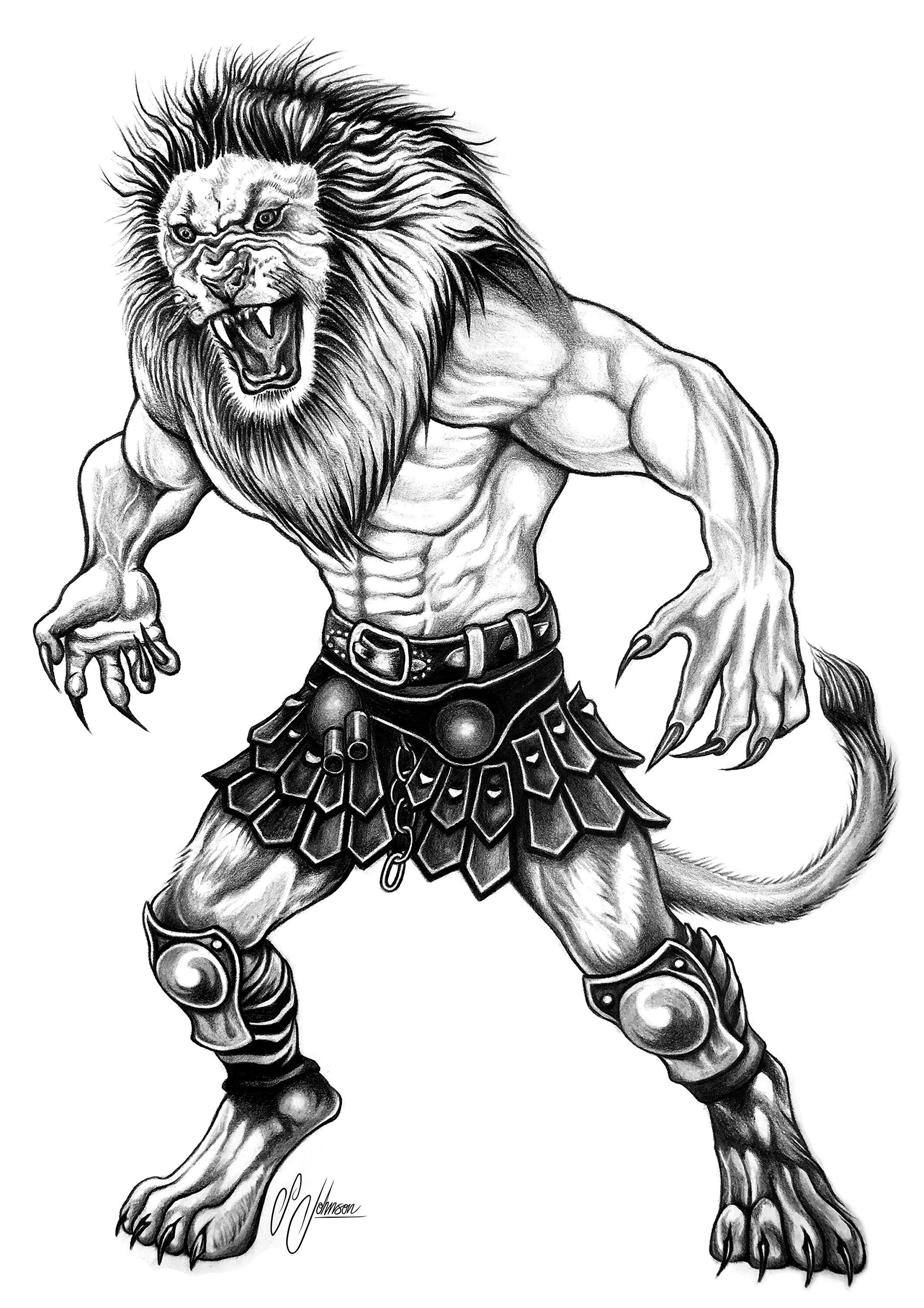 Alpha Lion Mann Krieger Fantasy Kunst Bleistift Zeichnung Etsy