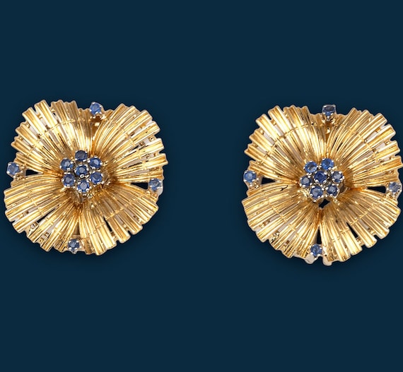 Vintage yellow gold earrings Blue Pansies - image 1