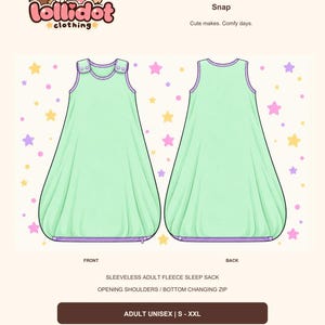 Könnte beinhalten: Ein Schnittmuster für einen ärmellosen Fleece-Schlafsack für Erwachsene namens SnoozieSac von Lollidot Clothing. Die Abbildung zeigt Vorder- und Rückansicht eines hellgrünen Schlafsacks mit lila Besatz, Schulterdruckknöpfen und einem Reißverschluss am Boden.