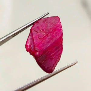 Puede incluir: Una gema de rubí en bruto, sin cortar, sujeta con pinzas. El rubí es de un color rojo intenso y vibrante con texturas y estrías naturales visibles. La forma irregular y la superficie rugosa de la gema resaltan su origen natural.