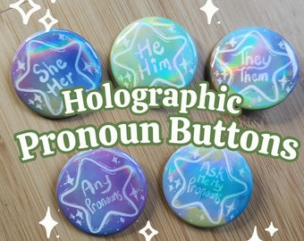 Pronoun Pin Holographic Multicolor Pinback Style Button