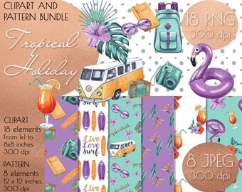 Tropical holiday Travel clipart + seamless pattern bundle digital download