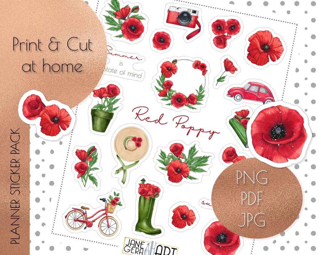 Poppy Flowers Stickers Printable Floral Planner Stickers Digital ...