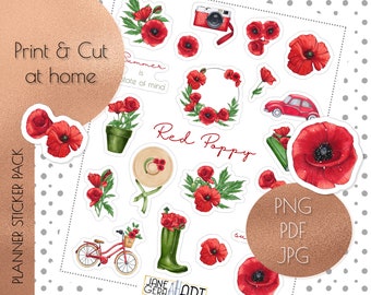 Poppy flowers stickers printable Floral planner stickers digital download