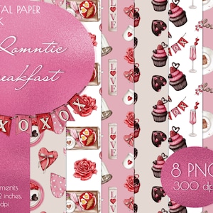 Romantic breakfast digital paper Valentines Day seamless pattern digital download