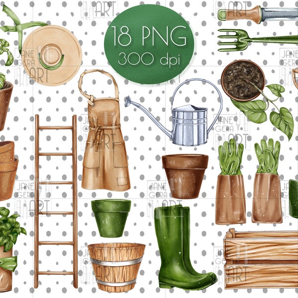 Greenery clipart Gardening tools PNG clip art digital download