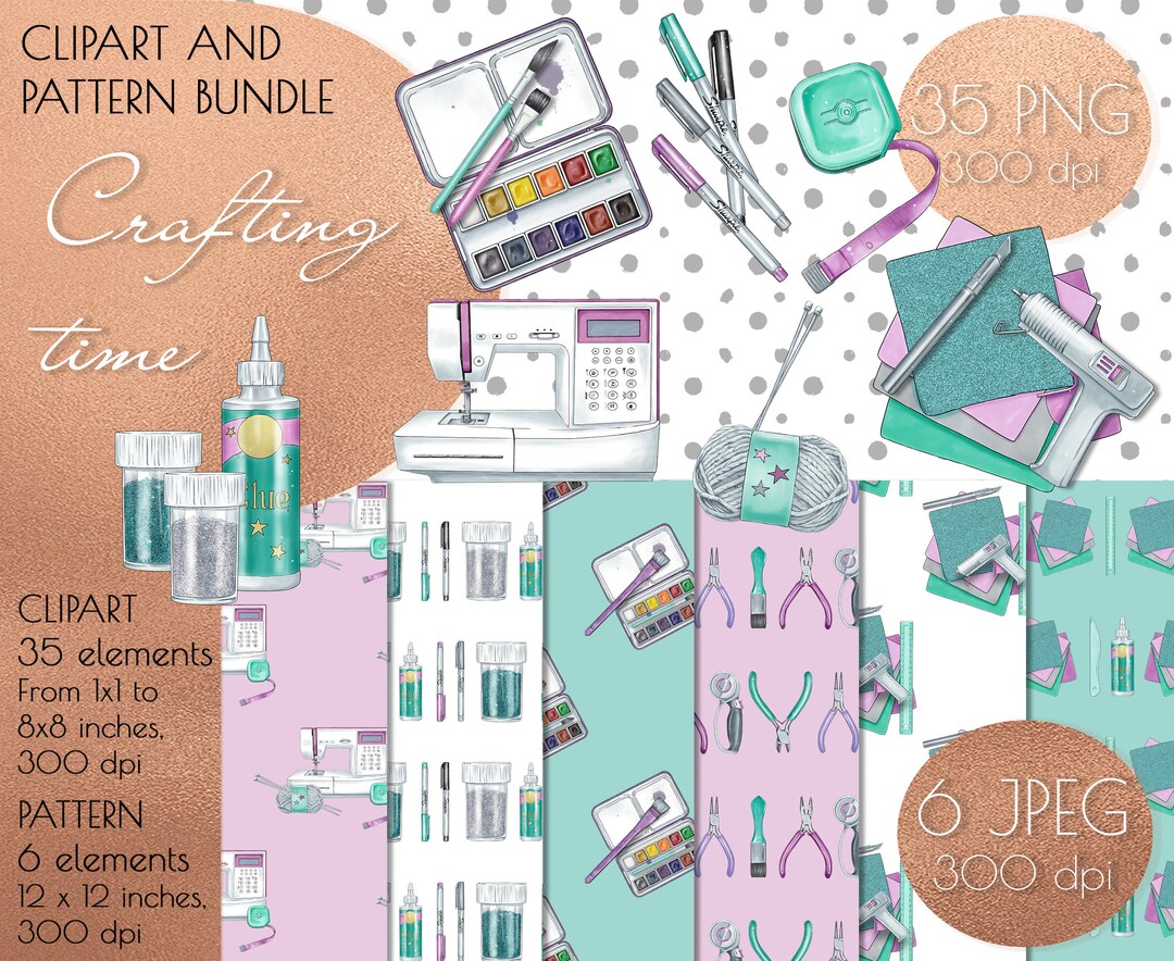Crafting Tools Clip Art Craft Supplies Clipart Seamless Pattern Bundle