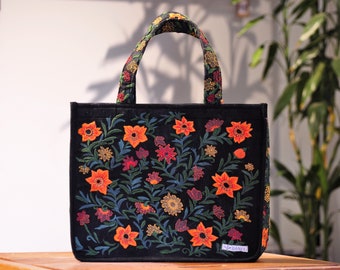Hand Embroidered Tote Bag | Embroidery on Art | Marigold Pattern | Ethically made | Made in Nepal | Supporting local Artisans