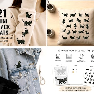 May include: A collection of images showcasing a cross-stitch pattern featuring 21 mini black cats. The design is displayed on a beige sweatshirt sleeve, a denim jacket, and a beige pillow. The image also includes the text "21 MINI BLACK CATS PDF CROSS STITCH PATTERN".