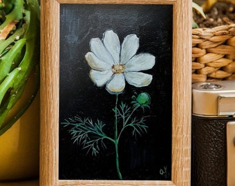 Original painting miniature cosmos flower painting Moody still life oil painting french country decor minimalist botanical wall art 6x4