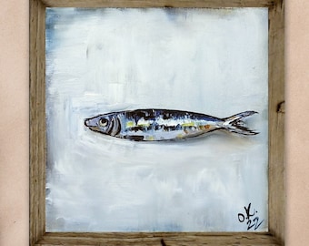 Sardine art original painting Sardines still life oil painting miniature French country kitchen art 6x6