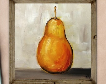 Nature morte poire, peinture à l'huile originale, petite cuisine, art mural, décoration de ferme, 6 x 6