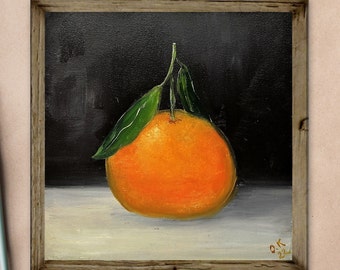 Clementine still life oil painting fruit Moody french country citrus wall art Small kitchen art 6 by 6