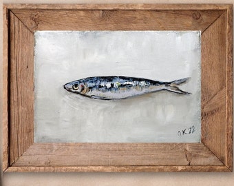 Sardine art original painting Sardines still life oil painting miniature French country kitchen art 4x6