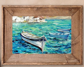 Santorini Greece painting White boats painting original Greece oil painting Greece landscape painting