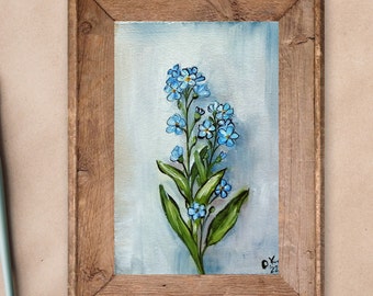 Forget me not original oil painting miniature art 4x6 Floral still life oil painting Moody french country art Minimalistic farmhouse decor