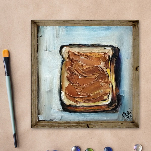 Impasto painting peanut butter toast original oil painting 3d food wall art Small still life oil painting moody kitchen art 6x6