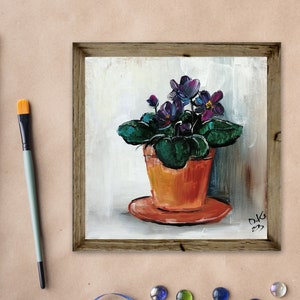 African violet original painting Small still life oil painting terracotta flower pot art Minimalist kitchen wall art french country decor